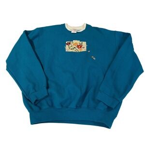VTG Top Stitch Crewneck Sweatshirt Blue Teal Floral Embroidered Double Collar LG